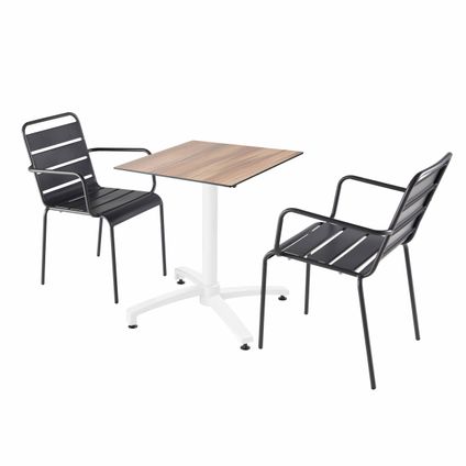 Ensemble table de jardin stratifié chêne foncé Oviala Opéra et 2 fauteuils gris