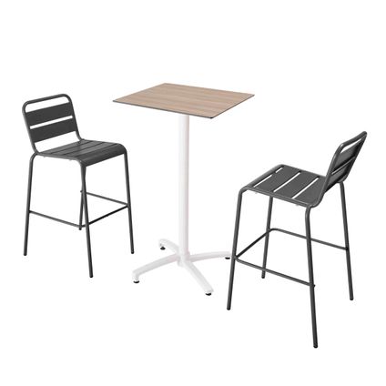 Oviala Set hoge tafel met licht eiken laminaat en 2 hoge grijze stoelen