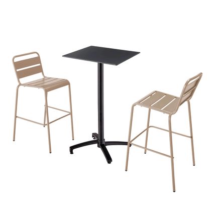 Oviala Set hoge zwarte laminaat tafel en 2 hoge taupe stoelen