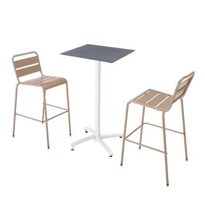 Oviala Set hoge grijze laminaat tafel en 2 hoge taupe stoelen