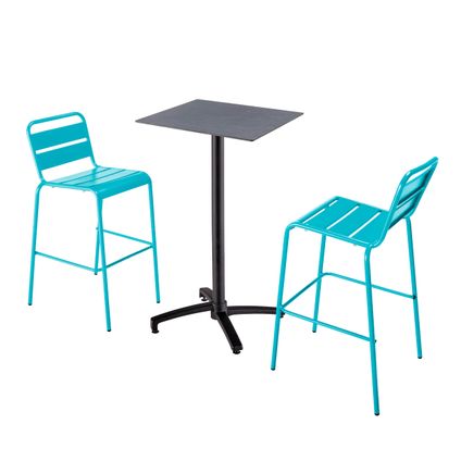 Oviala Set hoge grijze laminaat tafel en 2 hoge blauwe stoelen