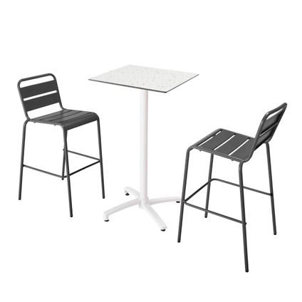 Oviala Set hoge tafel met terrazzo laminaat en 2 grijze stoelen
