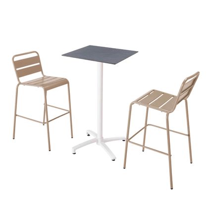 Oviala Set hoge tafel met leisteen grijze laminaat en 2 hoge taupe stoelen