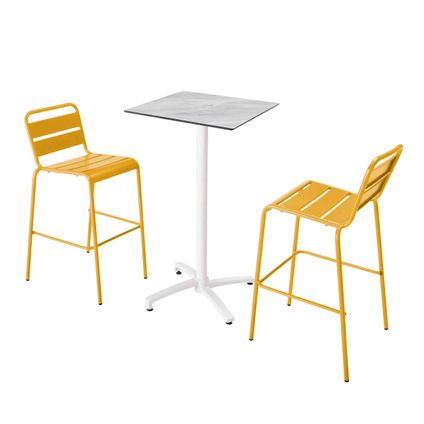 Oviala Set hoge tafel met marmeren laminaat en 2 gele hoge stoelen