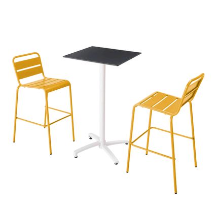 Oviala Set hoge zwarte laminaat tafel en 2 hoge gele stoelen