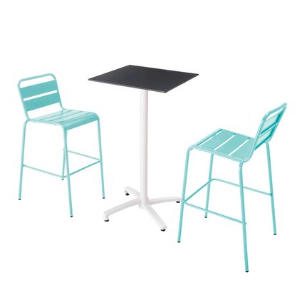 Oviala Set hoge zwarte laminaat tafel en 2 hoge turquoise blauwe stoelen