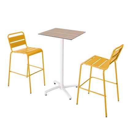 Oviala Set hoge tafel met licht eiken laminaat en 2 hoge gele stoelen