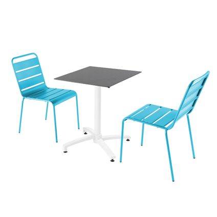 Oviala Een tuintafel met leisteen laminaat en 2 blauwe stoelen