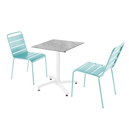 Oviala Samenstelling tuintafel met marmeren laminaat en 2 turquoise stoelen