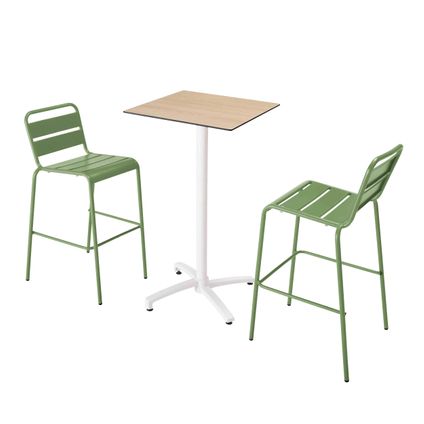 Oviala Set hoge tafel met natuurlijk eiken laminaat en 2 cactusgroene stoelen