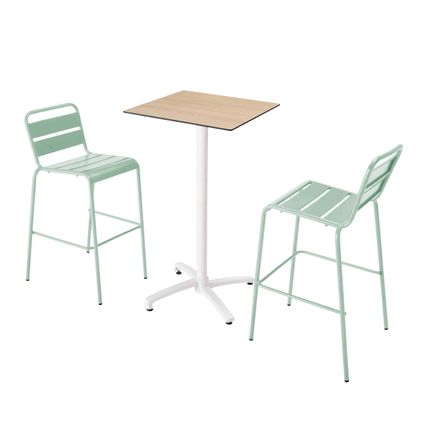 Oviala Set hoge tafel met eikenhouten laminaat en 2 stoelen in saliegroen