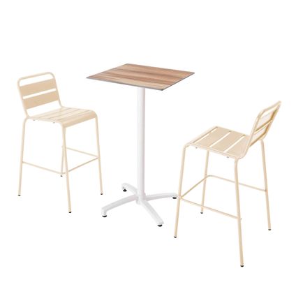 Oviala Set hoge tafel met donker eiken fineer en 2 hoge ivoorkleurige stoelen
