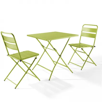 Oviala Palavas Set van een inklapbare tuin tafel en 2 groene stalen stoelen