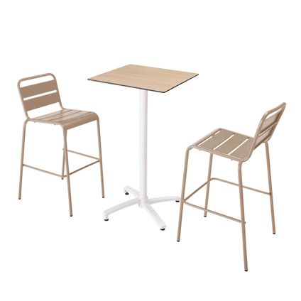 Oviala Set hoge tafel met eikenhouten laminaat en 2 hoge taupe stoelen