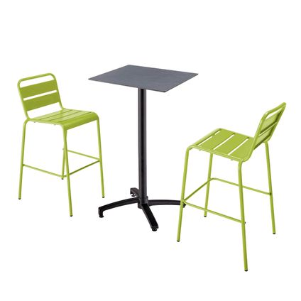 Oviala Set hoge grijze laminaat tafel en 2 hoge groene stoelen