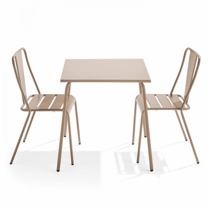 Oviala Palavas Set van een vierkante tuin tafel en 2 taupe bistro stoelen