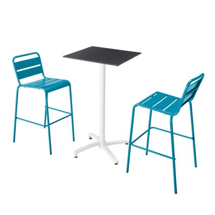 Oviala Set hoge zwarte laminaat tafel en 2 hoge blauwe Pacific stoelen