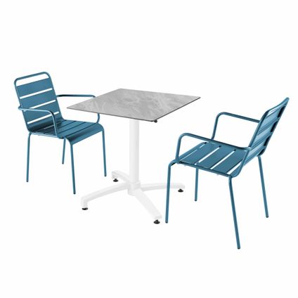 Ensemble table de jardin stratifié marbre Oviala Opéra et 2 fauteuils bleu pacific