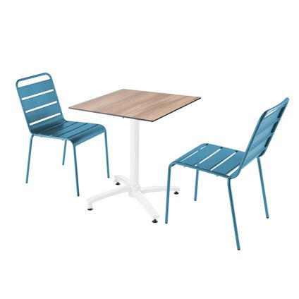 Ensemble table de jardin stratifié chêne Oviala Opéra et 2 chaises bleu pacific
