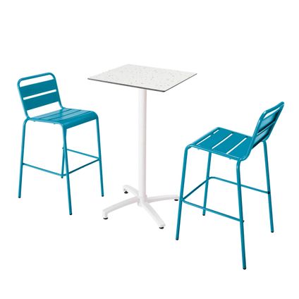 Oviala Set hoge tafel met terrazzo laminaat en 2 blauwe Pacific stoelen