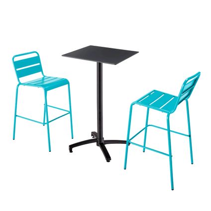Oviala Set hoge zwarte laminaat tafel en 2 hoge blauwe stoelen