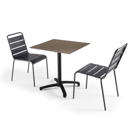 Ensemble table de jardin stratifié taupe Oviala Opéra et 2 chaises grises