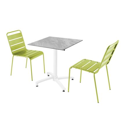 Ensemble table de jardin stratifié marbre Oviala Opéra et 2 chaises vert