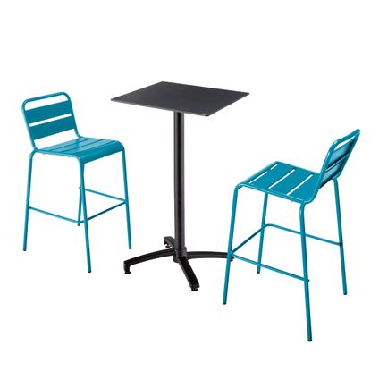 Oviala Set hoge gelamineerde tafel zwart en 2 hoge stoelen blauw pacific