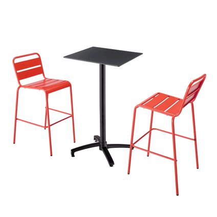 Oviala Set hoge zwarte laminaat tafel en 2 hoge rode stoelen