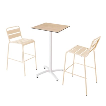 Oviala Set hoge tafel met eikenhouten laminaat en 2 ivoorkleurige stoelen