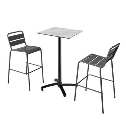 Ensemble table haute stratifié marbre Oviala Opéra et 2 chaises hautes gris