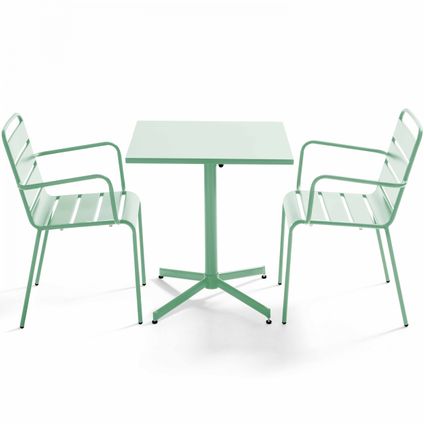 Ensemble table de jardin carrée et 2 fauteuils métal Oviala Palavas vert sauge