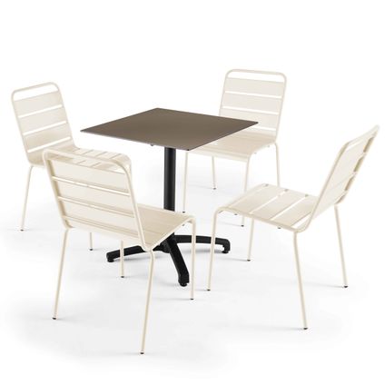 Oviala Set tuintafel met taupe gelamineerd blad en 4 ivoorkleurige fauteuils
