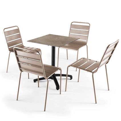 Oviala Set tuintafel met beige marmeren laminaat en 4 taupe stoelen