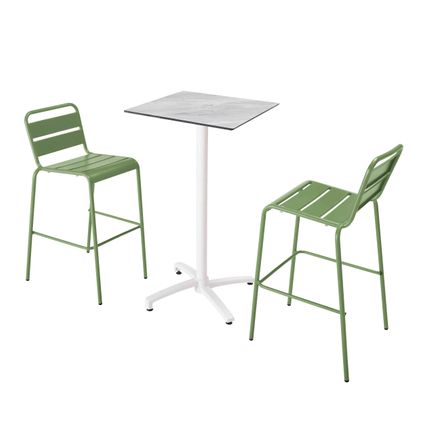 Oviala Set hoge tafel met marmeren laminaat en 2 hoge cactusgroene stoelen