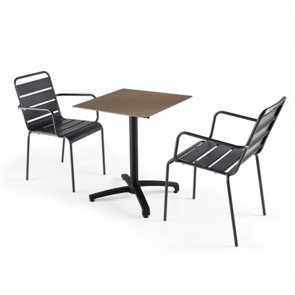 Oviala Set van een gelamineerde tuin tafel en 2 grijze metalen fauteuils