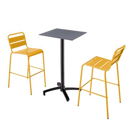 Oviala Set hoge grijze laminaat tafel en 2 hoge gele stoelen