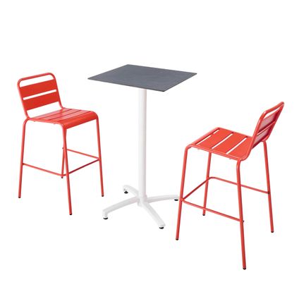Oviala Set hoge tafel met leisteen grijze laminaat en 2 hoge rode stoelen