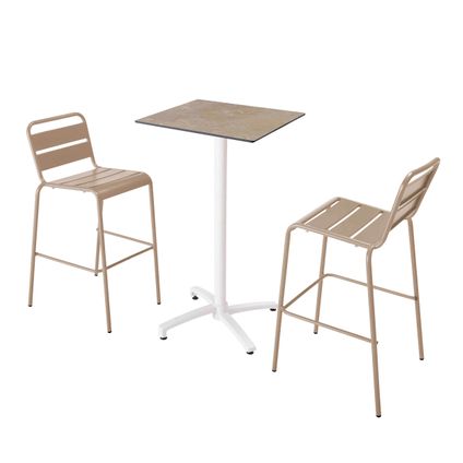 Oviala Set hoge tafel met beige marmeren laminaat en 2 hoge taupe stoelen