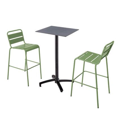 Oviala Set hoge grijze laminaat tafel en 2 hoge cactusgroene stoelen
