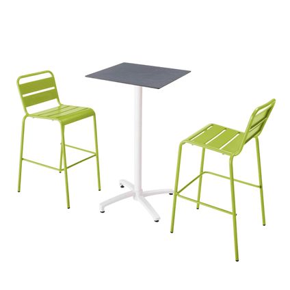 Oviala Set hoge tafel met leisteen grijze laminaat en 2 hoge groene stoelen