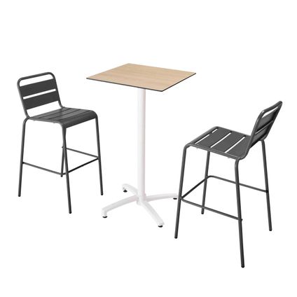 Oviala Set hoge tafel met eikenhouten laminaat en 2 hoge grijze stoelen
