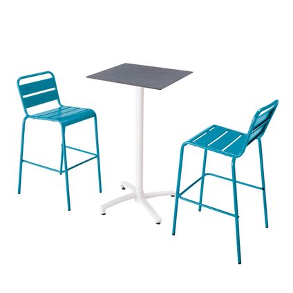 Oviala Set hoge tafel met leisteen grijze laminaat en 2 blauwe Pacific