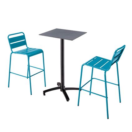 Oviala Set hoge grijze laminaat tafel en 2 hoge blauwe Pacific stoelen