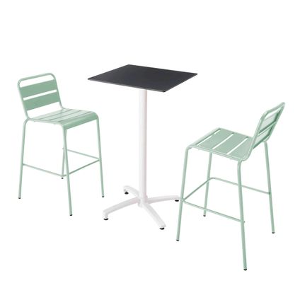 Oviala Set hoge zwarte laminaat tafel en 2 hoge stoelen in salie groen
