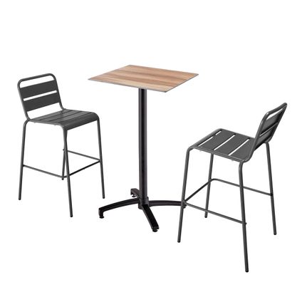 Ensemble table haute stratifié chêne foncé Oviala Opéra et 2 chaises hautes gris