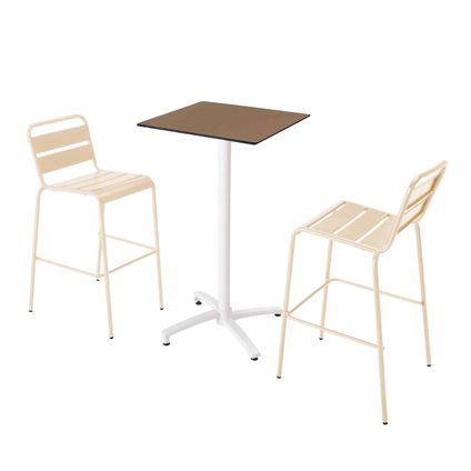 Oviala Set hoge laminaat tafel in taupe en 2 hoge ivoorkleurige stoelen