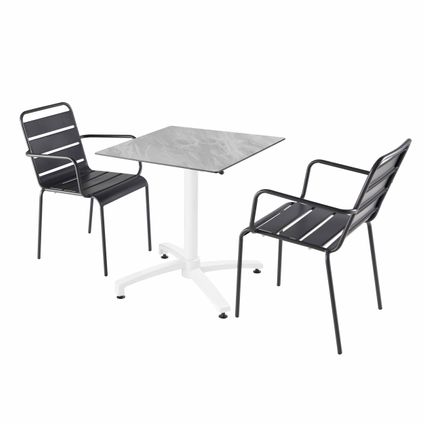 Ensemble table de jardin stratifié marbre Oviala Opéra et 2 fauteuils gris
