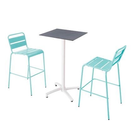 Oviala Set hoge tafel met leisteen laminaat en 2 turquoise blauwe stoelen