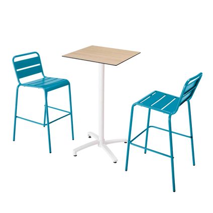 Oviala Set hoge eikenhouten tafel en 2 stoelen in de kleur blauw pacific